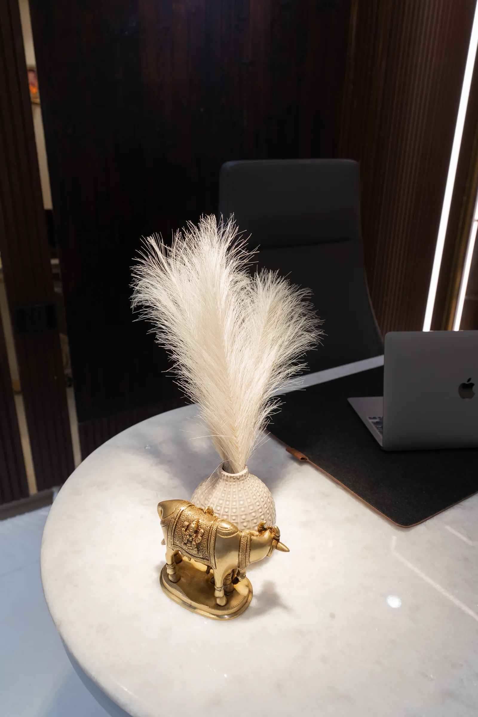 Brass decor accent with pampas grass on a marble table — Abhishek's Residence